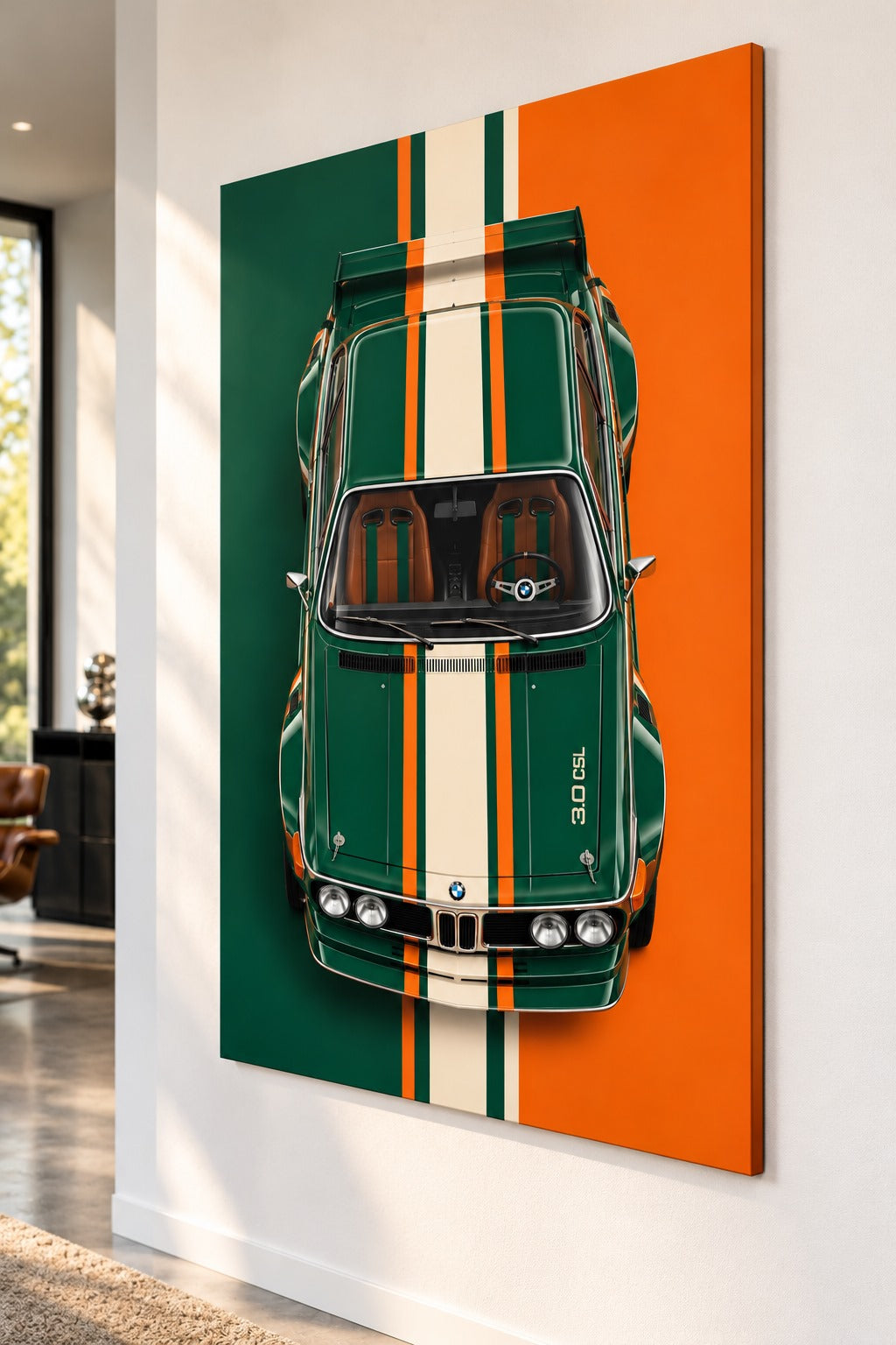Tableau BMW 3.0 CSL imprimé sur toile coton tendue sur châssis, aux couleurs vert foncé, orange et crème
