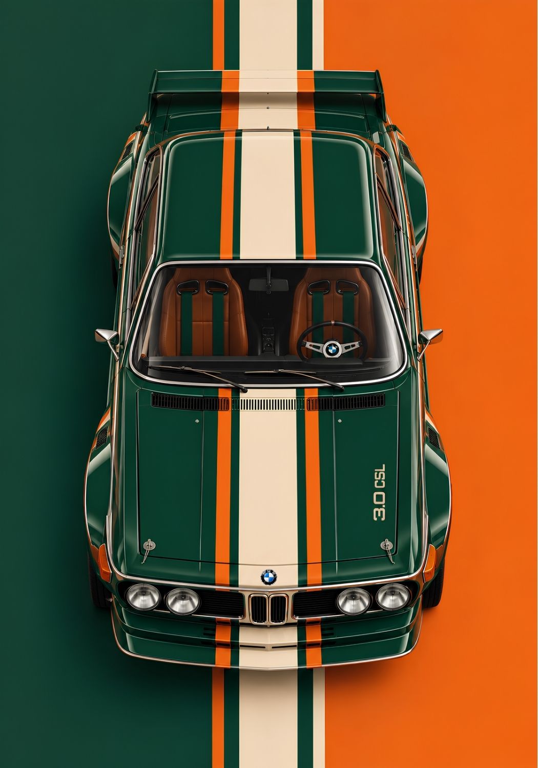 Tableau BMW 3.0 CSL vintage Green Legend, coupé sportif vert foncé vu du dessus avec bandes orange et crème
