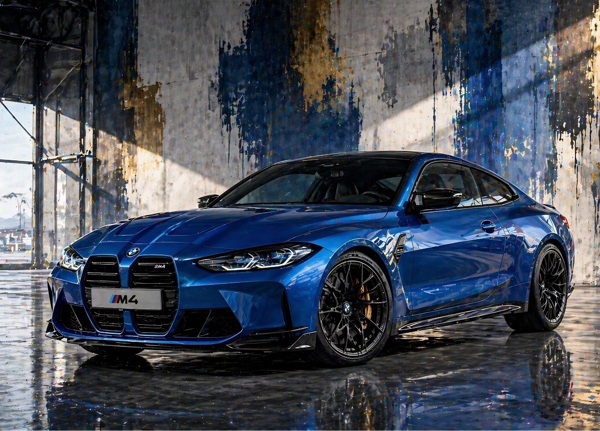 Tableau BMW M4 bleu métallisé dans une ambiance street art industrielle
