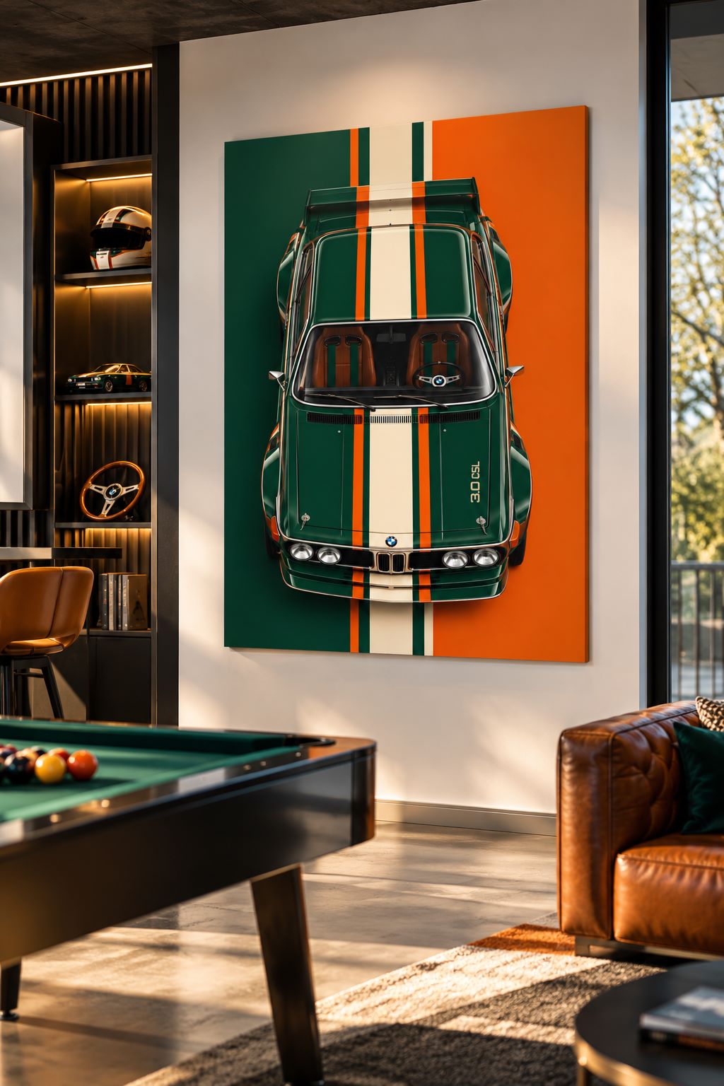 Tableau BMW 3.0 CSL Green Legend exposé dans un bureau contemporain, décoration automobile rétro
