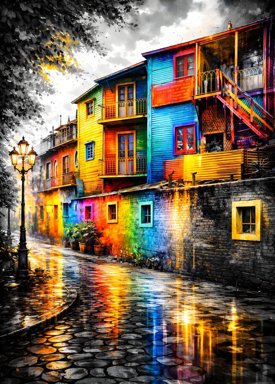 Tableau Buenos Aires La Boca, maisons colorées et reflets sur pavés, style contemporain vibrant, création exclusive Iconik-Art.
