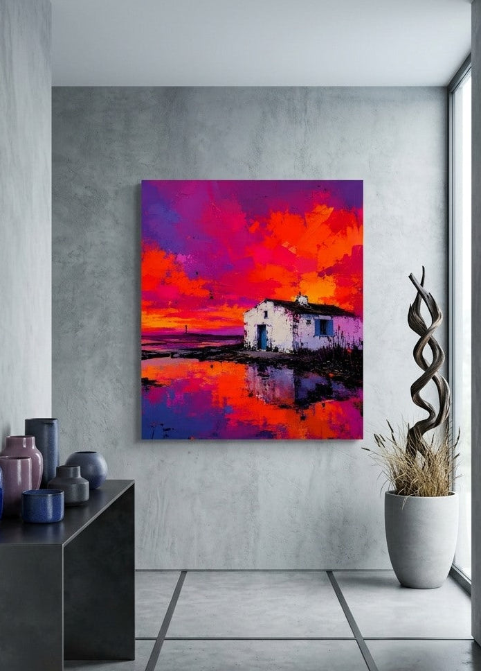 Œuvre murale colorée inspirée du bord de mer montrant une maison isolée au crépuscule, des reflets lumineux sur l'eau et un ciel intensément coloré travaillé avec des effets picturaux et des contrastes contemporains.
