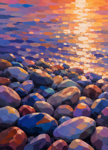 Tableau bord de mer avec galets colorés et reflets du soleil
