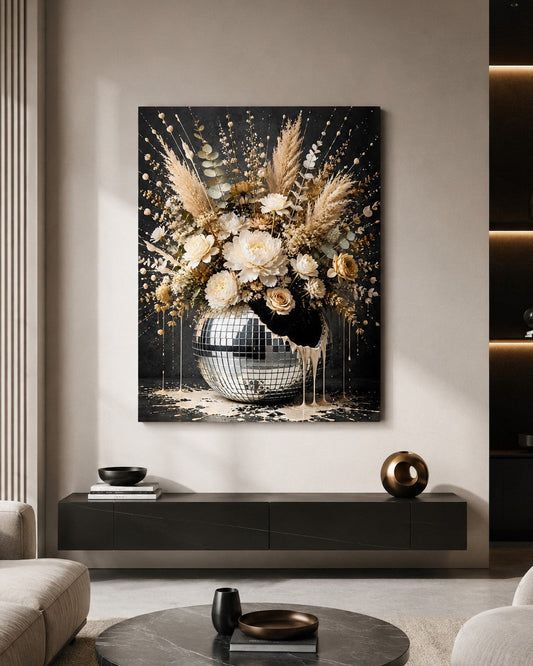 Tableau bouquet de fleurs blanches et crème dans une boule disco argentée
