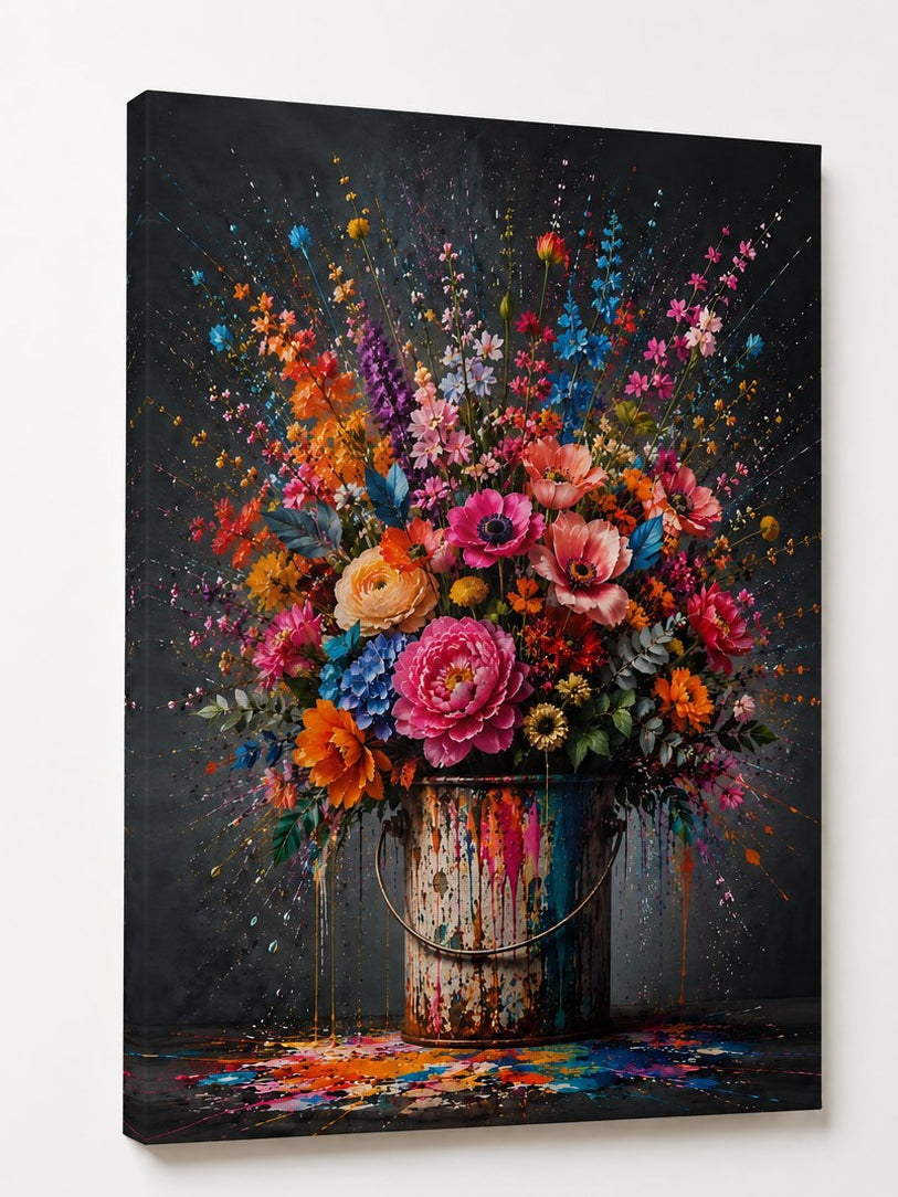 Tableau bouquet de fleurs moderne aux couleurs rose, orange et bleu avec projections de peinture

