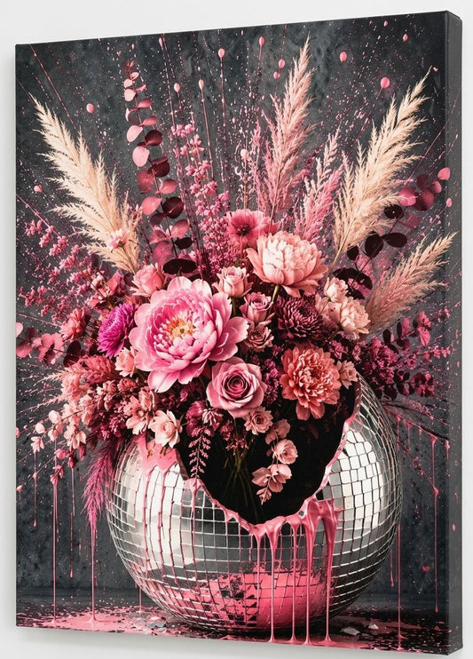 Tableau bouquet rose moderne composé de pivoines et fleurs dans une boule disco brisée
