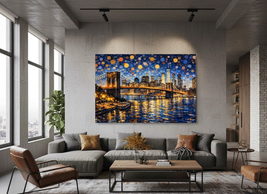 Tableau Brooklyn Bridge New York accroché dans un salon contemporain, décoration murale urbaine élégante et lumineuse.
