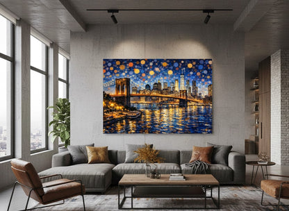 Tableau Brooklyn Bridge New York accroché dans un salon contemporain, décoration murale urbaine élégante et lumineuse.

