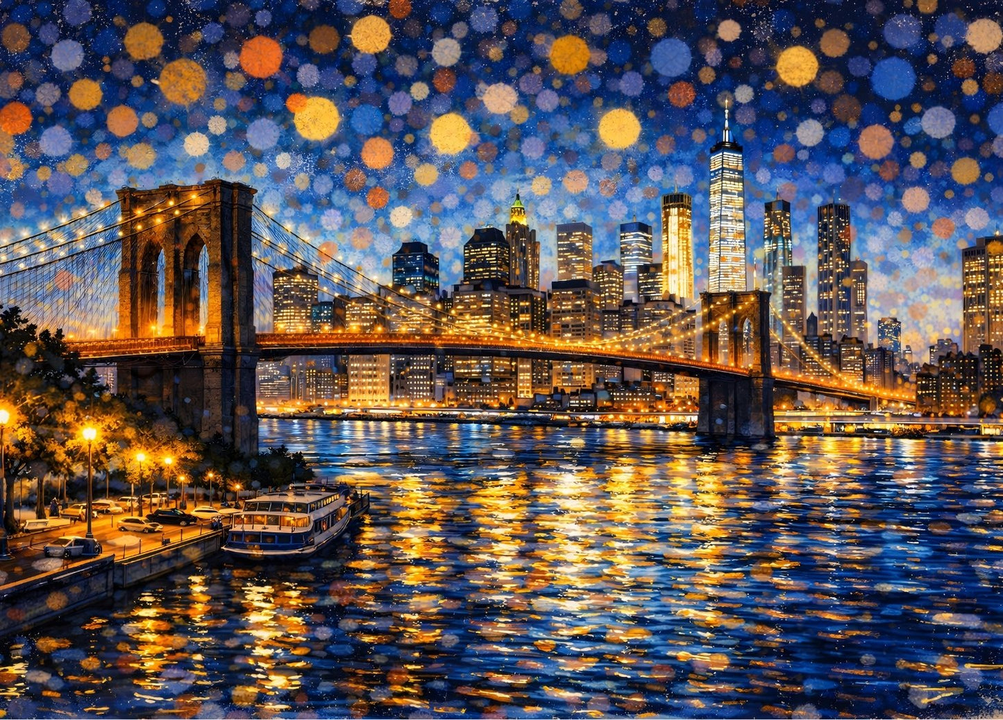 Tableau Brooklyn Bridge New York nuit étoilée avec reflets dorés sur l’East River, création exclusive Iconik-Art.
