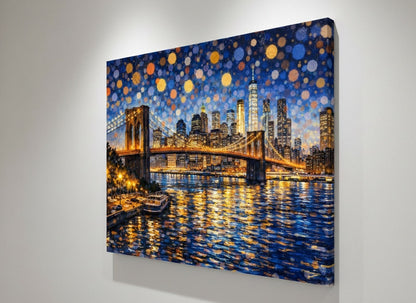 Vue de profil du tableau Brooklyn Bridge sur toile châssis, détails des lumières et impression haute qualité.

