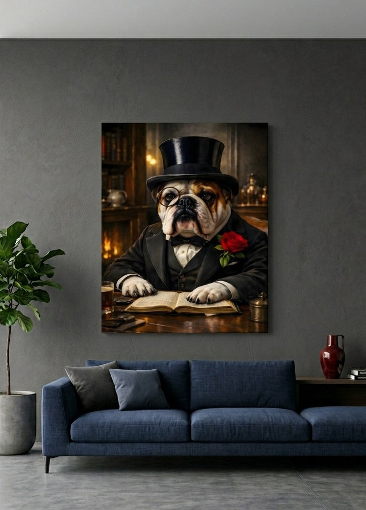 Tableau bulldog élégant pour décoration murale animaux, parfait pour salon chic ou intérieur vintage avec touche originale.
