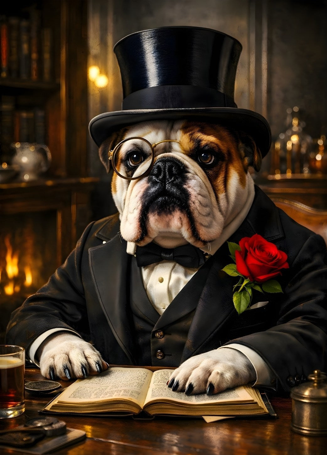 Bulldog en costume élégant avec monocle et haut-de-forme, parfait pour une déco murale animaux originale et chic.
