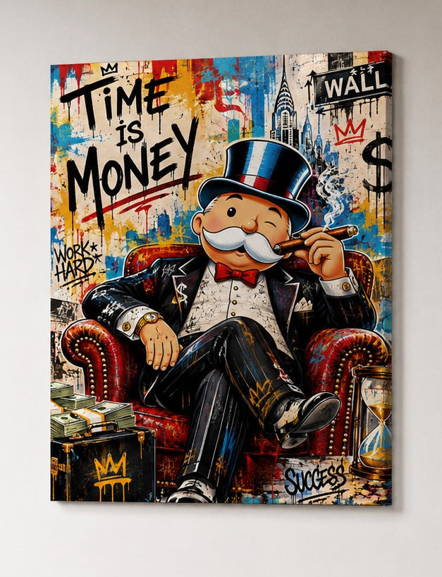 Œuvre pop art inspirée du monde de l'entrepreneuriat mêlant art urbain, réussite, finance, luxe, skyline new-yorkaise et décoration de bureau moderne aux couleurs éclatantes.
