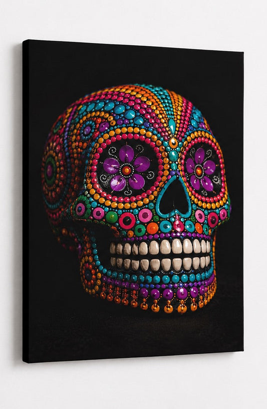 Œuvre décorative inspirée du Día de los Muertos mêlant couleurs éclatantes et design contemporain
