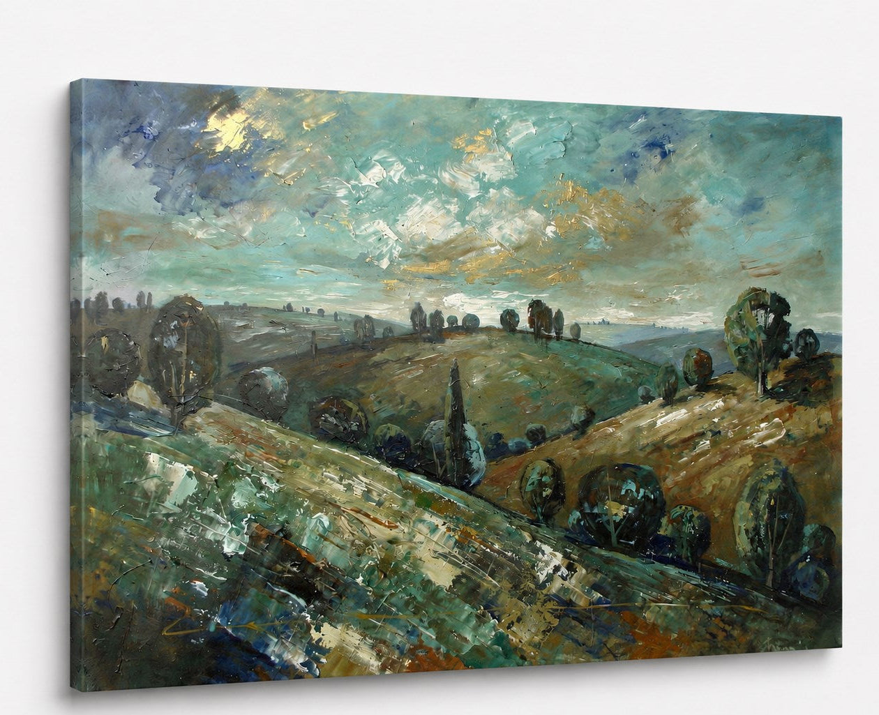 Décoration murale représentant un paysage rural élégant aux nuances naturelles apaisantes
