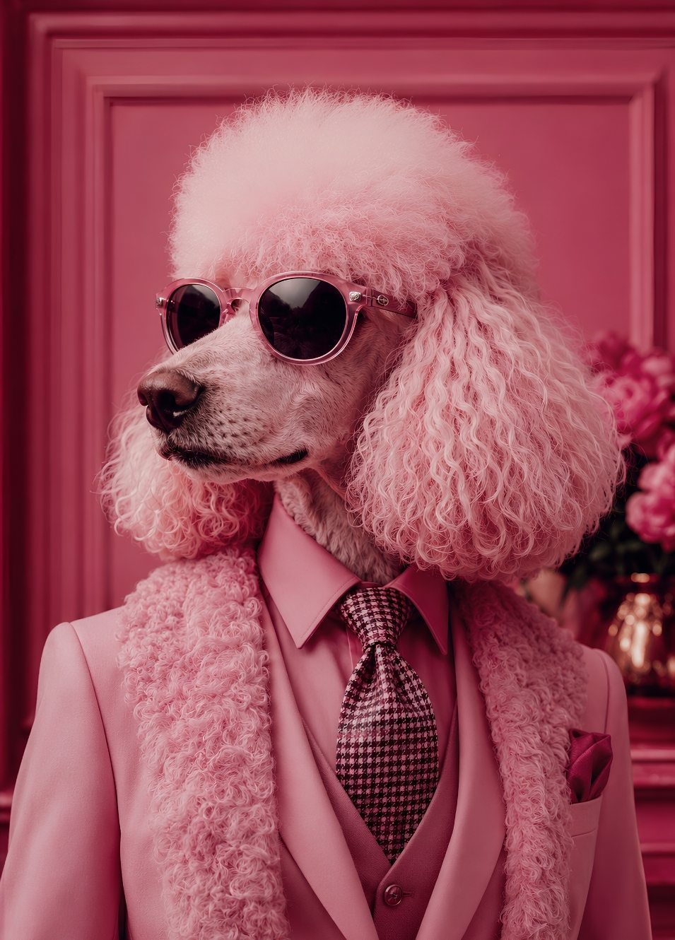 Caniche élégant vêtu de rose avec lunettes dans un univers glamour contemporain
