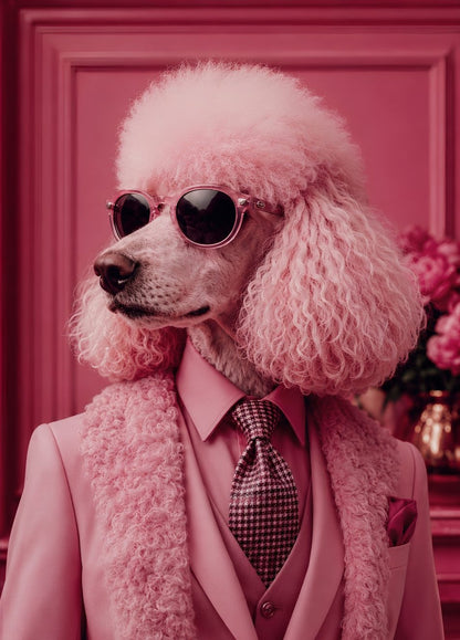 Caniche élégant vêtu de rose avec lunettes dans un univers glamour contemporain
