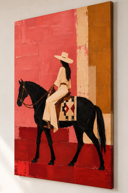 Tableau sur toile représentant une cavalière élégante sur cheval noir, peinture figurative contemporaine
