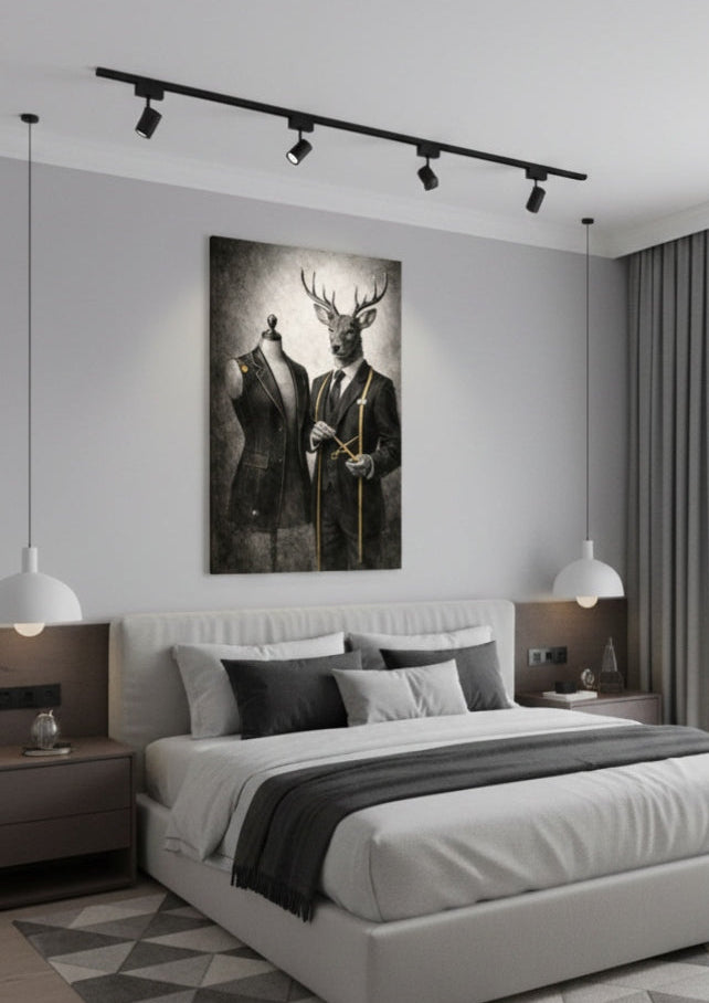 Tableau cerf anthropomorphique en situation dans un intérieur tendance