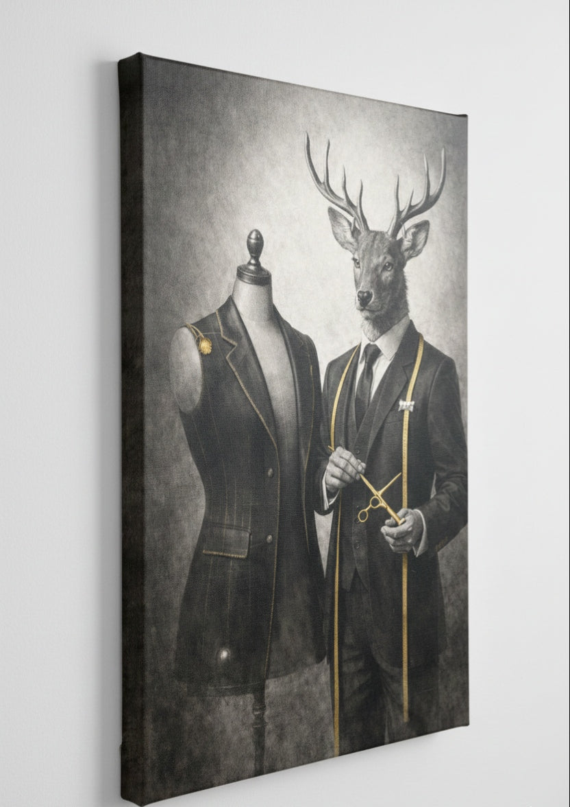 Tableau cerf anthropomorphique vu de profil avec châssis