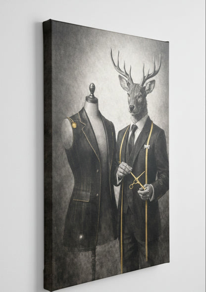 Tableau cerf anthropomorphique vu de profil avec châssis