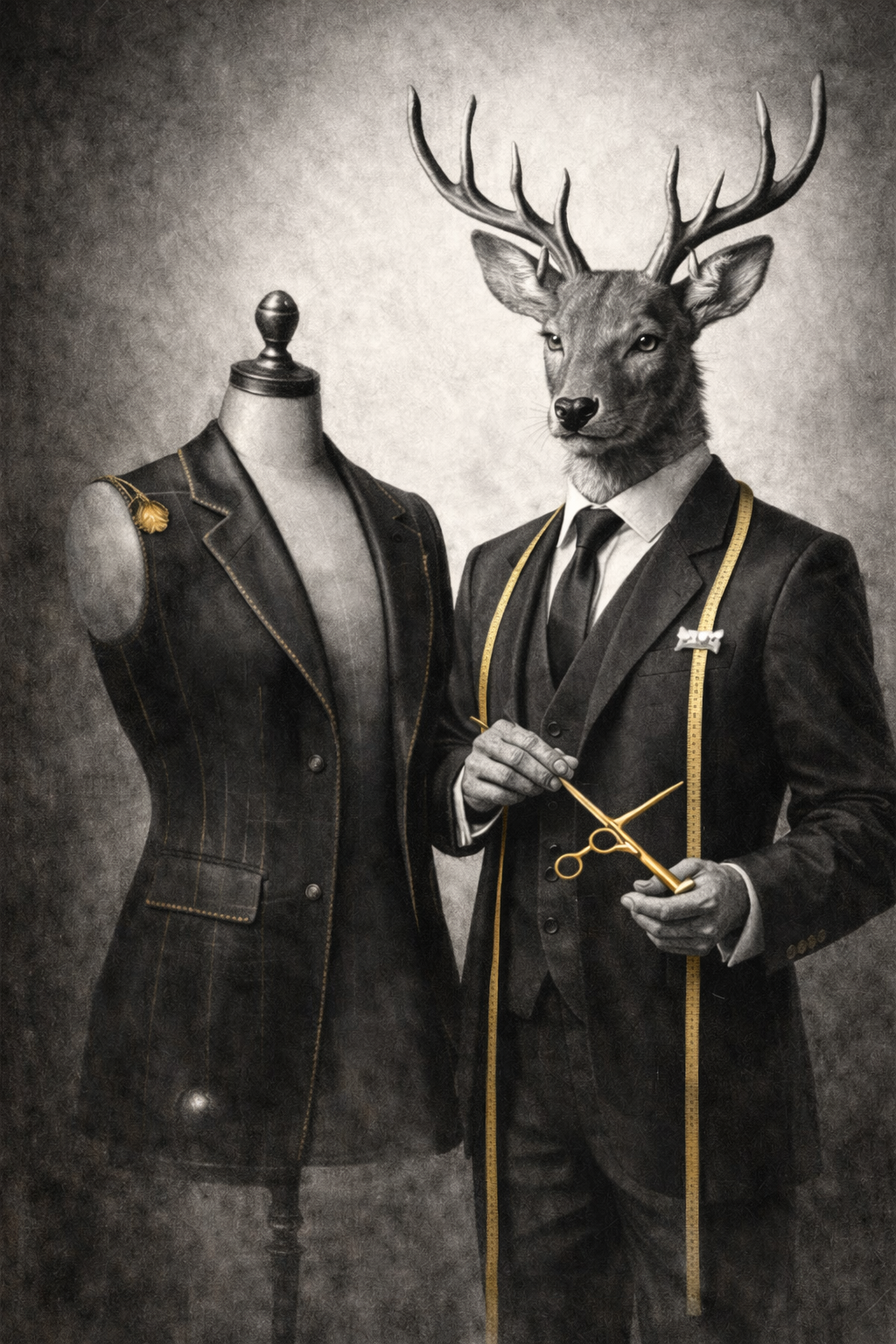 Tableau représentant un cerf anthropomorphique habillé en tailleur