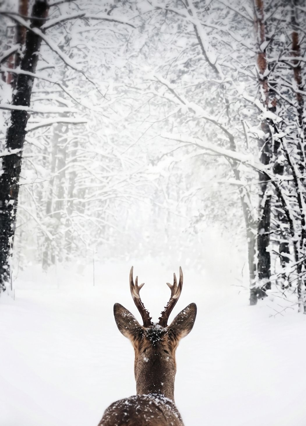 Cerf solitaire observant une forêt enneigée dans un paysage hivernal lumineux et apaisant
