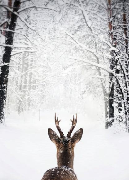 Cerf solitaire observant une forêt enneigée dans un paysage hivernal lumineux et apaisant
