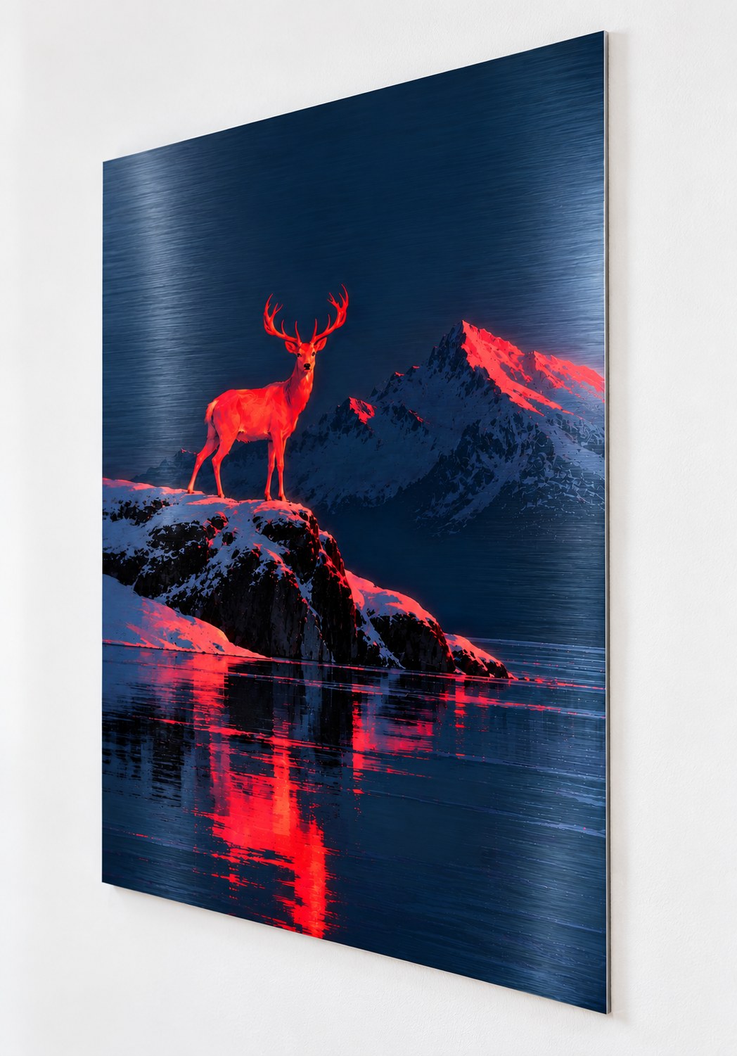 Tableau cerf rouge en montagne imprimé sur aluminium brossé

