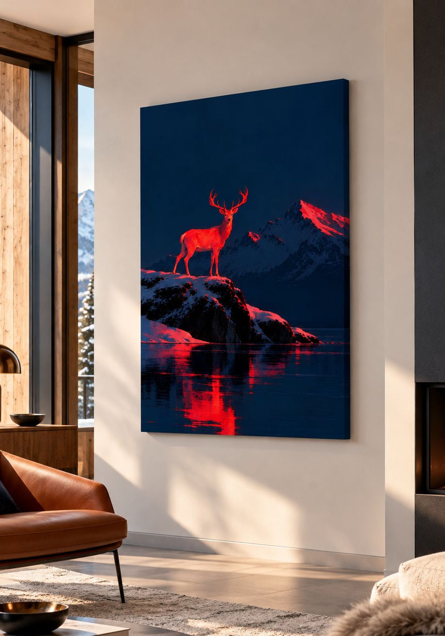 Tableau cerf rouge et montagne dans un intérieur contemporain

