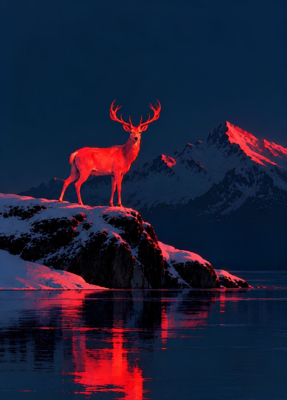Tableau cerf rouge dans un paysage de montagne enneigée
