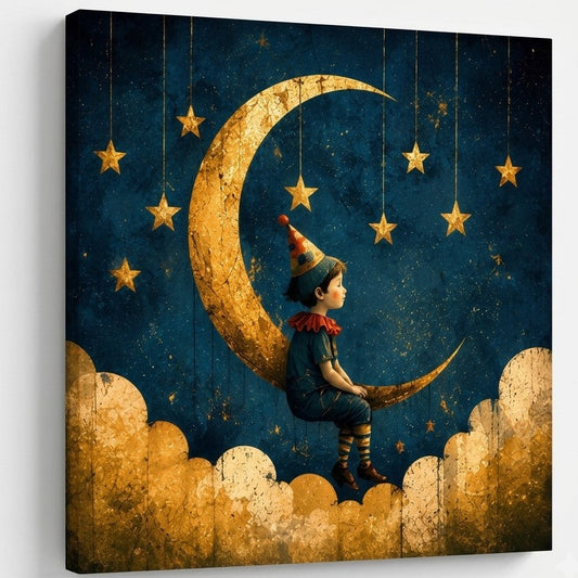 Décoration murale Circus Chic avec lune dorée, nuages texturés, étoiles suspendues et petit personnage de cirque dans une atmosphère féerique et apaisante
