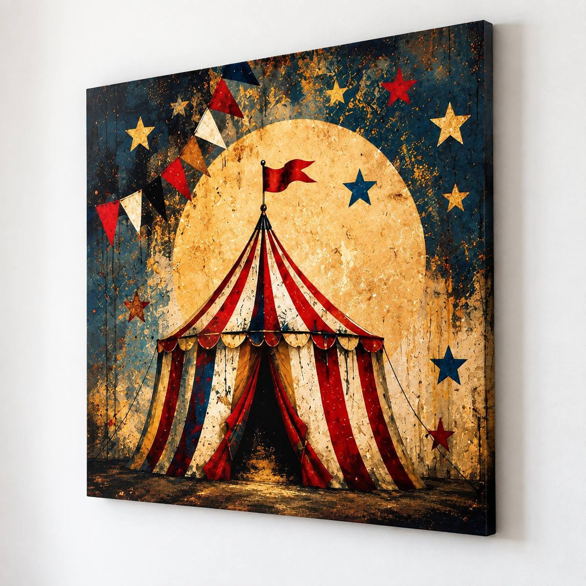 Tableau sur toile représentant un chapiteau de cirque ancien, illustration rétro aux couleurs patinées
