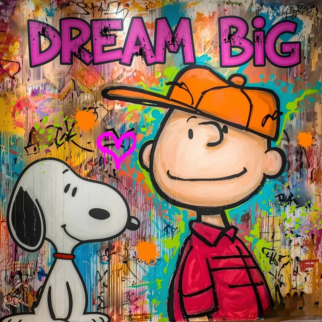 Tableau street art représentant Charlie Brown et Snoopy devant un mur de graffitis colorés
