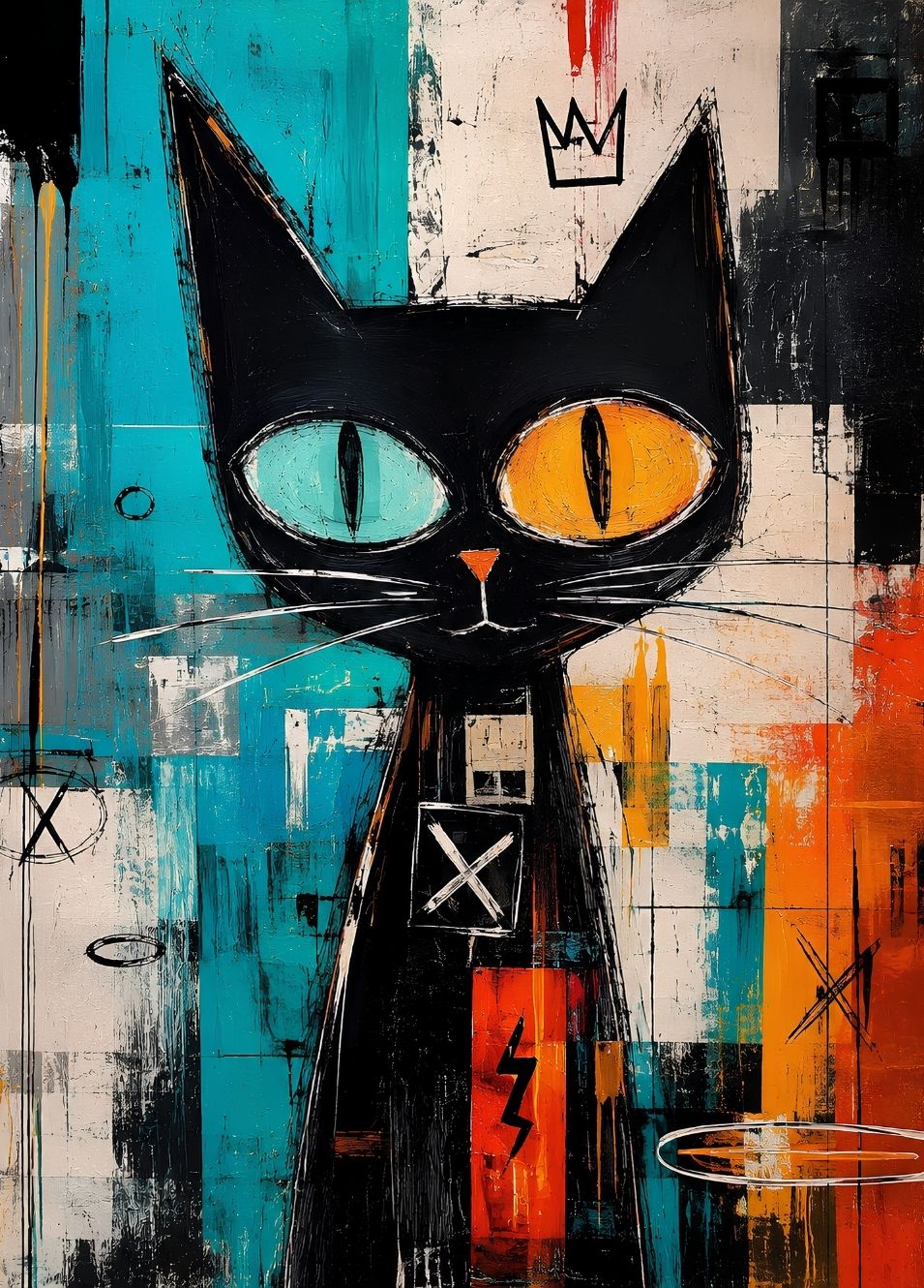 Chat noir coloré Electric Cat aux yeux turquoise et orange
