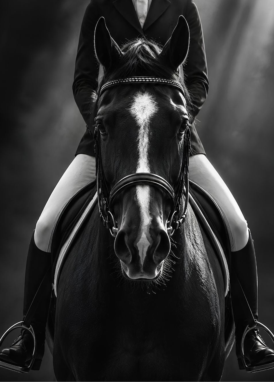 Tableau cheval noir et blanc avec cavalière, portrait équestre frontal à l'esthétique photographique contemporaine
