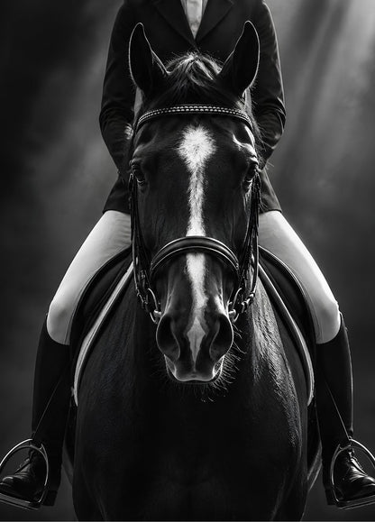 Tableau cheval noir et blanc avec cavalière, portrait équestre frontal à l'esthétique photographique contemporaine
