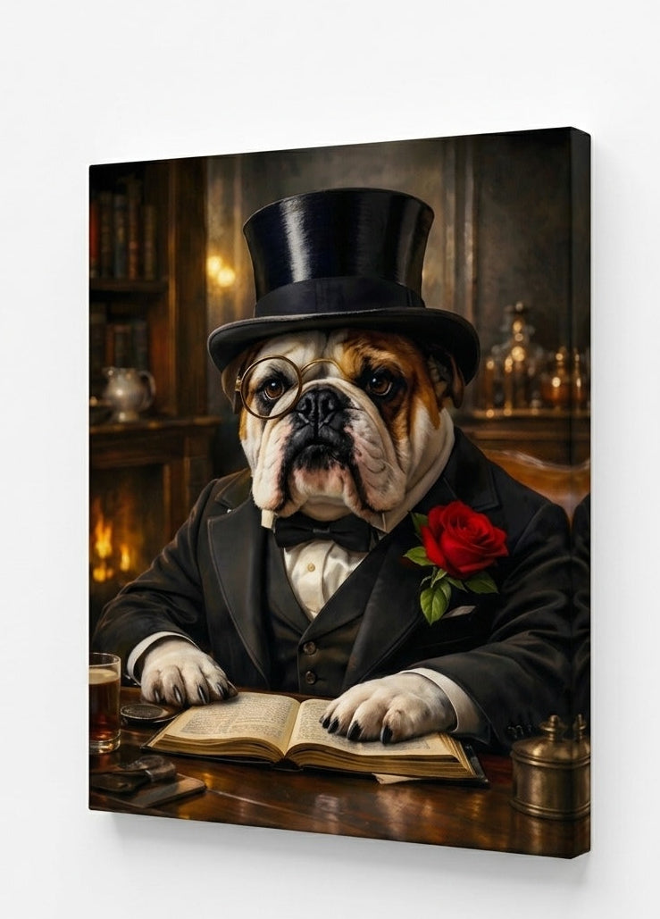 Tableau chien habillé en gentleman avec style aristocratique, idéal pour décoration murale animaux au design humoristique et raffiné.
