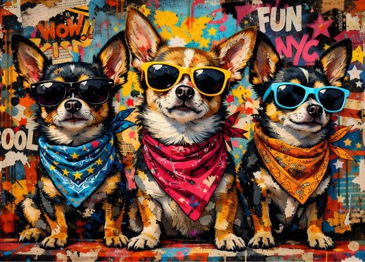 Tableau pop art représentant trois chiens stylisés avec lunettes colorées sur fond graffiti urbain dynamique
