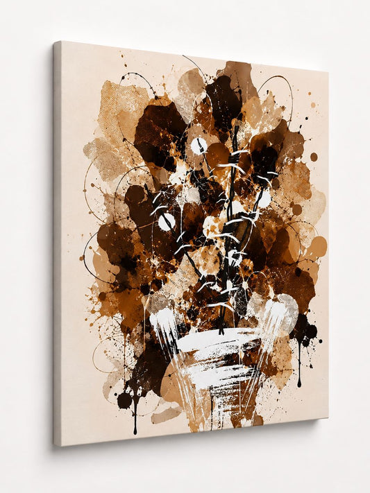 Tableau chocolat abstrait moderne mêlant formes organiques, projections de peinture et lignes graphiques

