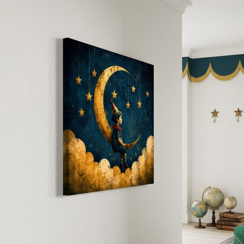 Tableau Circus Chic pour chambre d'enfant mêlant univers du cirque, ciel étoilé, textures vintage, couleurs profondes et ambiance onirique
