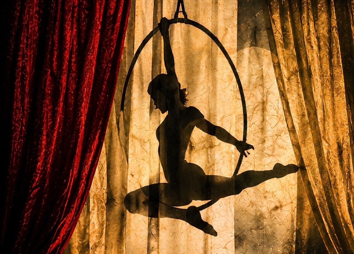 Tableau cirque représentant un acrobate aérien en silhouette suspendu à un cerceau devant des rideaux dorés
