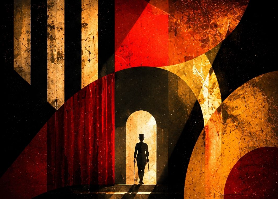 Tableau cirque contemporain avec maître de piste dans un décor graphique rouge, noir et orangé
