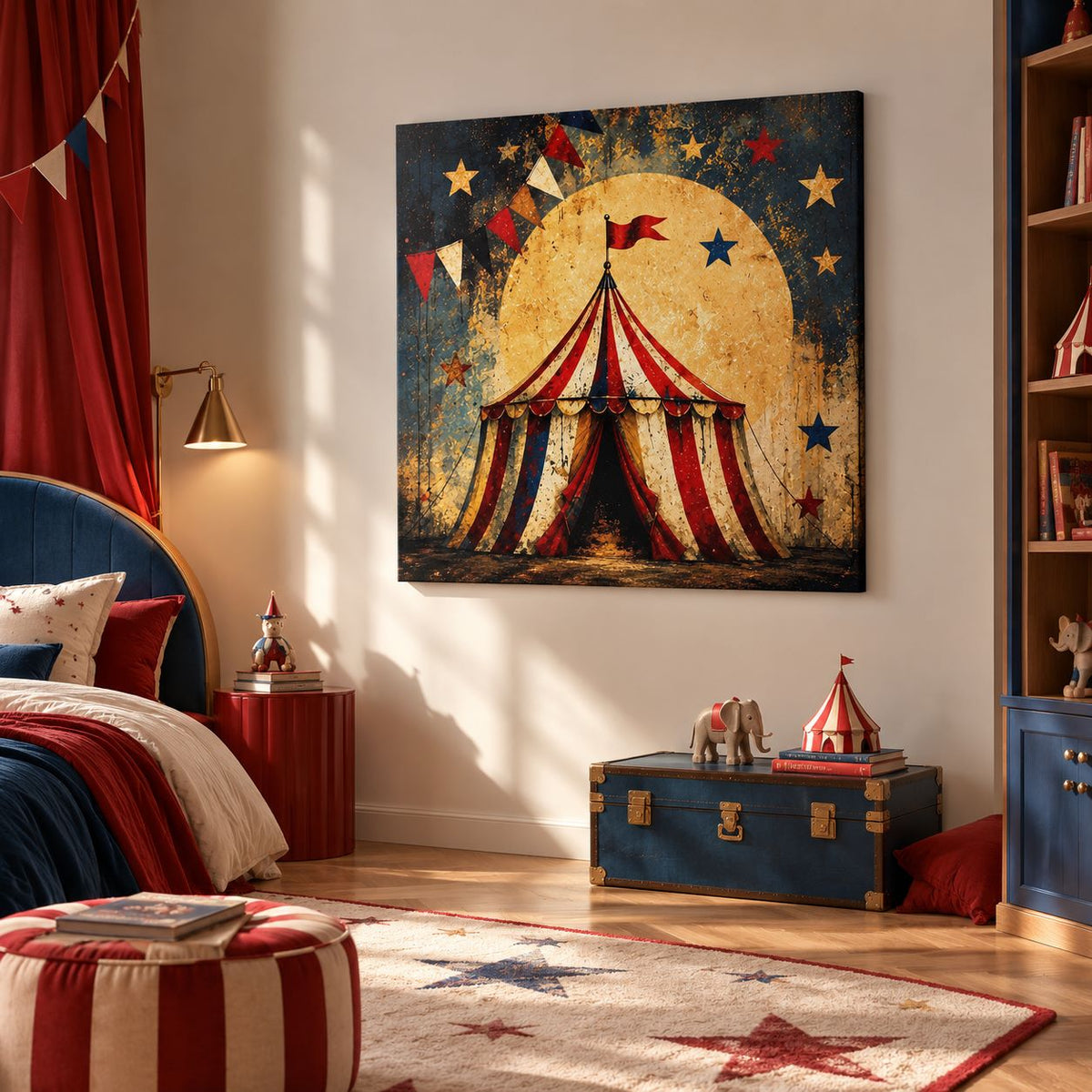 Tableau cirque vintage Le Grand Chapiteau exposé dans une chambre d'enfant
