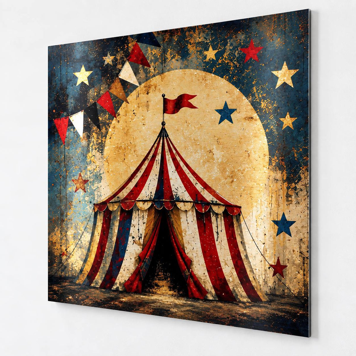 Tableau de cirque vintage sur aluminium brossé, chapiteau rouge et ivoire sous un ciel étoilé
