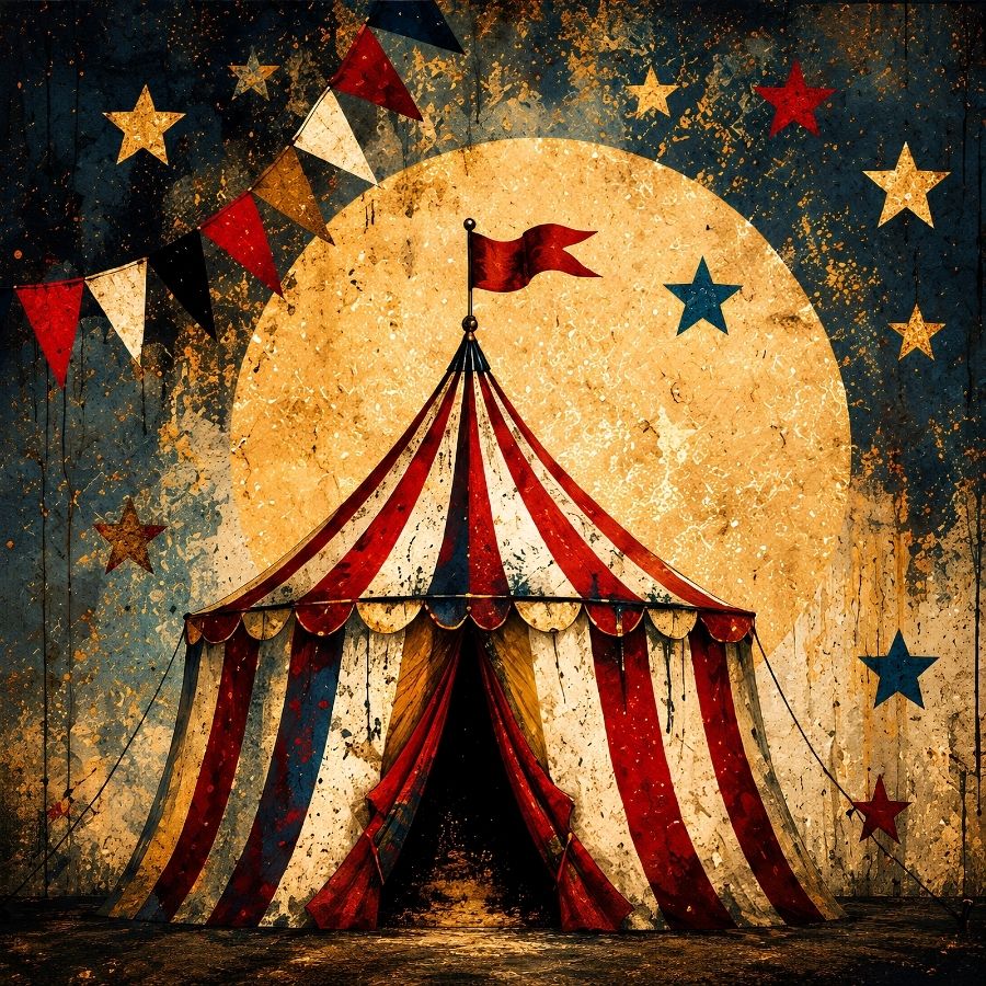 Tableau cirque vintage avec chapiteau rayé rouge et ivoire, étoiles dorées et fond bleu nuit patiné
