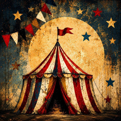 Tableau cirque vintage avec chapiteau rayé rouge et ivoire, étoiles dorées et fond bleu nuit patiné
