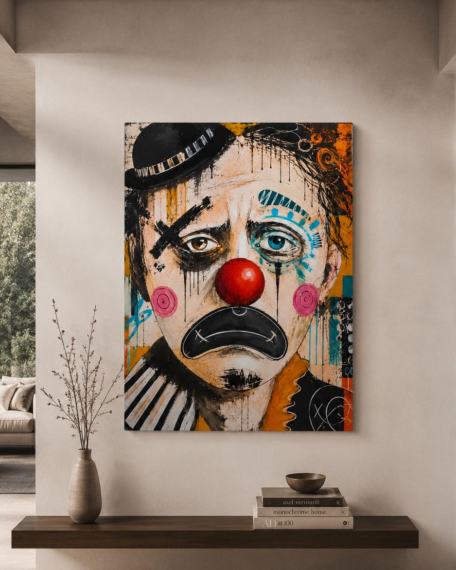 Tableau clown street art installé dans un salon contemporain design
