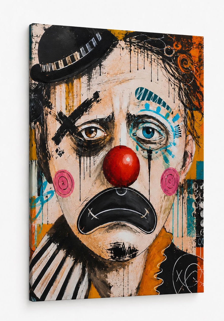 Détail du portrait de clown contemporain avec textures et peinture expressive
