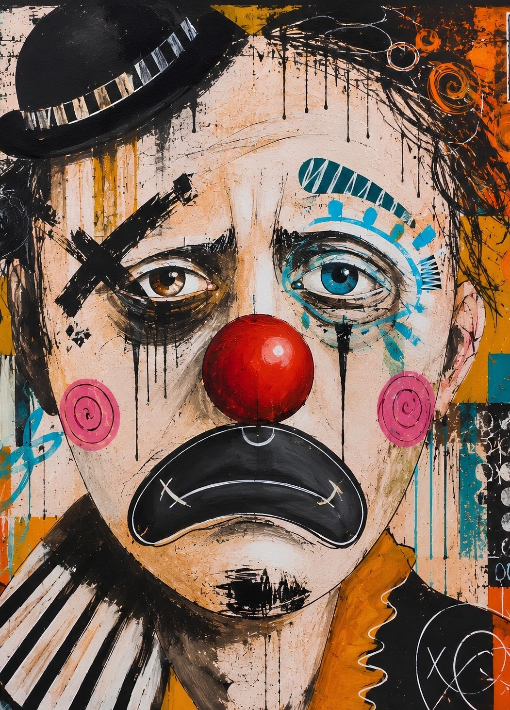 Tableau clown triste street art aux couleurs graphiques création exclusive Iconik-Art
